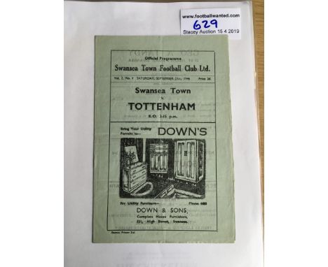 46/47 Swansea Town v Tottenham Football Programme: Good condition with no team changes. Slight fold.
