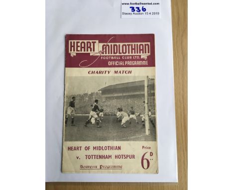 52/53 Hearts v Tottenham Football Programme: Friendly Dated 15 5 1953 in good condition with no writing. Light fold.