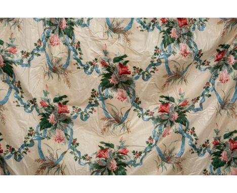 With blue ribbon and floral decorations.The curtains 230cm long x 310cm wide.Qty: 4Some staining throughout, particularly on 