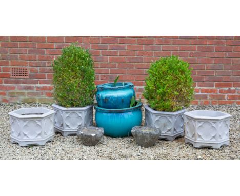 The smaller glazed planter with scrolling handles, the mortars with lugs, the Gothic style planters of hexagonal form.The lar