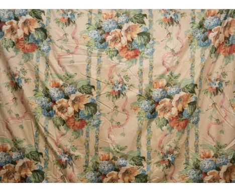 With floral print decoration together with a matching bedspread.   Two pairs 130cm high x 220cm wide. One pair 180cm high x 2
