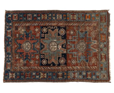 To include a Turkish prayer mat with three central medallions (156cm x 107cm); a Hamadan Maslaghan prayer mat with a blue gro