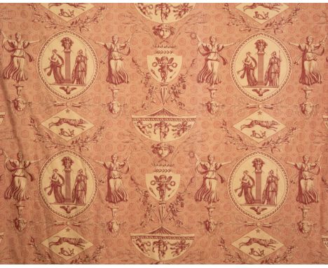 Decorated in chalk red with classical motifs, statues, masks, and figures. Interlined and double-faced.214cm long x 130cm wid