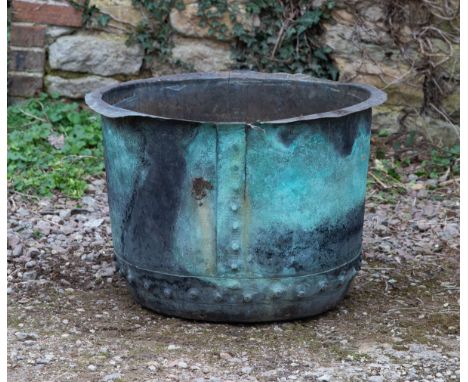 The copper with verdigris coating.62cm diamter x 41.5cm highQty: 1With a hole, a split, further damages overall. Drilled for 