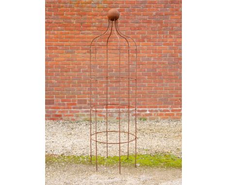 The large plant support with ball finial59cm diameter x 200cm highQty: 1Oxidized but in good condition structurally