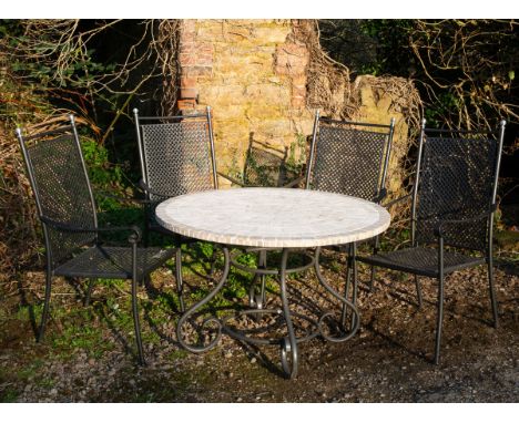 The table with a tile-set table top, wrought iron base, and on scrolling supports, together with four painted chairs with pol