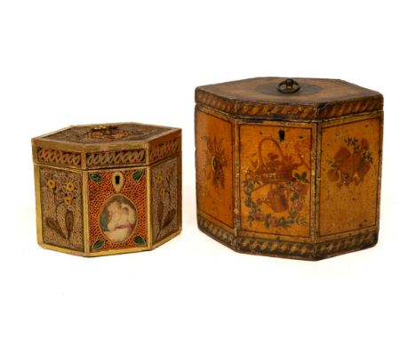 The tea caddy with gilt bordering around the hexagonal caddy, each panel inset with multicoloured quillwork, the front set wi