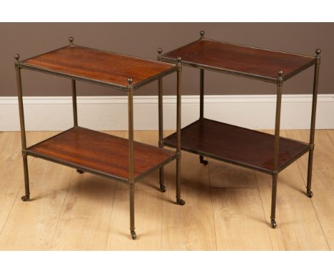 With a hardwood inlaid top and under tier. With ball finials on castors.52.5cm wide x 32cm deep x 59.5cm highQty: 2In general