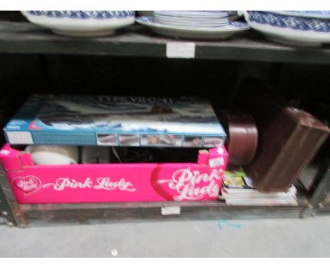 A mixed lot including adjustable lamps, vintage case, binoculars and Revell U boat model