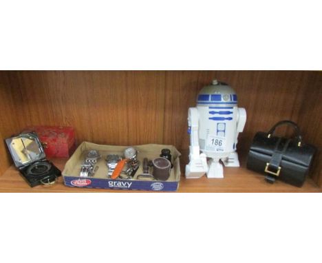 A mixed lot including wrist watches, military compass, star wars figure etc