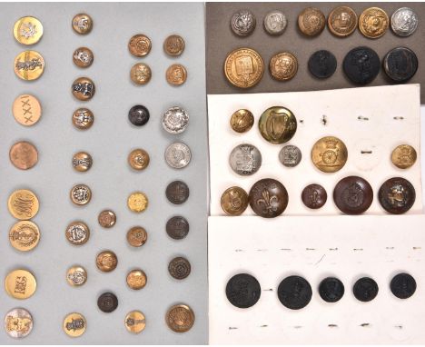 6 RA and corps large buttons: RA pre 1855 WM, post 1855 gilt, Irish Vols I/harp/V, MTC fleur-de-lys, and do. crowned wheel, 3