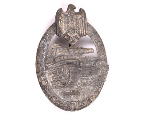 A Third Reich Panzer Assault badge, of die-stamped grey metal with traces of silver finish, and with round wire pin. GC (very