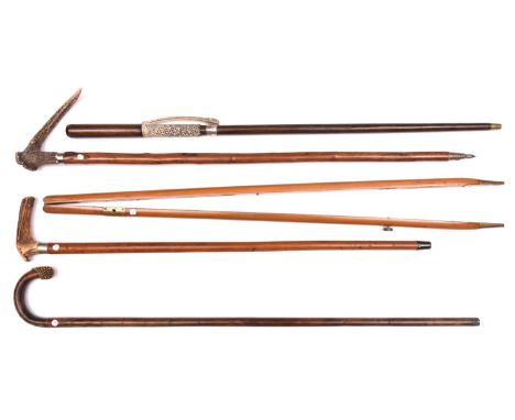 5 walking sticks malacca with staghorn handle and white metal band; knobbly wood with staghorn handle, plated band and spike 