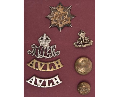 Assam Valley Light Horse: bi-metal cap badge, collar (one lug missing), puggaree badge with pin, pair brass AVLH titles, larg