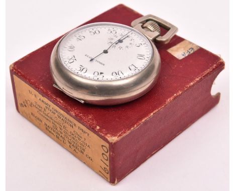 A US "Elgin Timer" military stop watch, stamped on the back with broad arrow and F monogram/163 and "1/5 Sec T.P", in silk sl