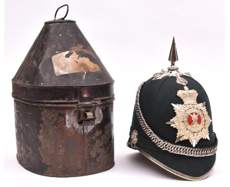 A good Vic officer's blue cloth spiked helmet of the 2nd Aberdeenshire Rifle Vols, silver plated top mount and spike, peak bi