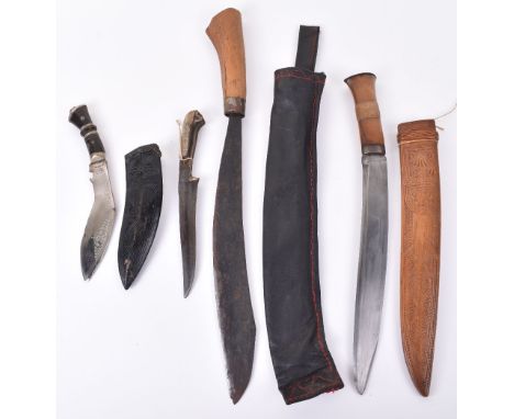 Far East Knives: Wood hilted knife in curved wood scabbard, blade 28.5 cms ,overall 44 cms, large knife in cloth sheath, blad