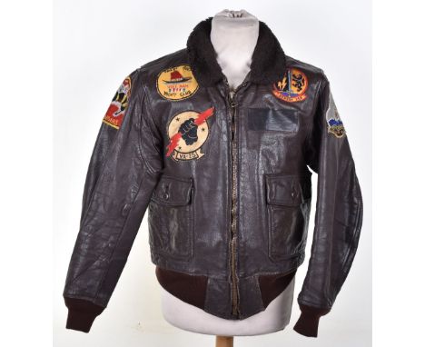US Vietnam War Naval Aviators G-1 Flying Jacket, fine brown leather example with brown wool collar. Leather aviators name pat