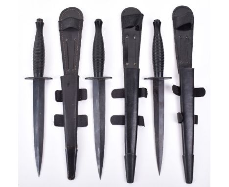 Fairbairn Sykes FS Commando Knives: Three knives all complete with scabbards , one stamped to cross guard 1976 SHEFFIELD ENGL