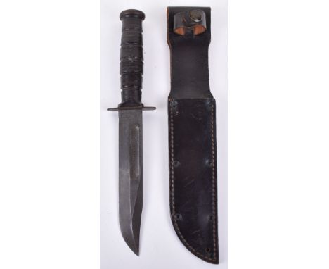 WW2 USMC KBAR Type Combat Knife, housed in its original leather and studded scabbard. KBAR style blade stamped “US CAMILLUS N