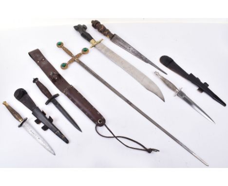Fairbairn Sykes FS Commando Knives and Others: Two FS fighting knives complete with leather sheaths ,one stamped to cross gua