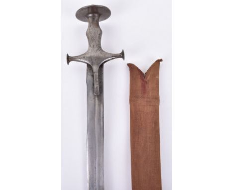 Indian Tulwar Sword: Iron hilt 20th century Tulwar with curved blade 74 cms long, complete with cloth cover scabbard with met