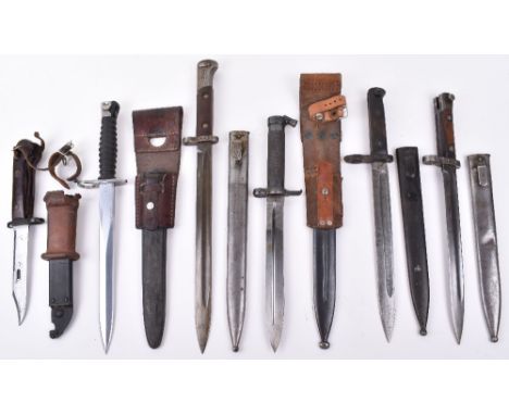 Mixed Bayonets: Swedish 1896 knife bayonet complete with scabbard and leather frog, Swiss 1957 bayonet complete with scabbard