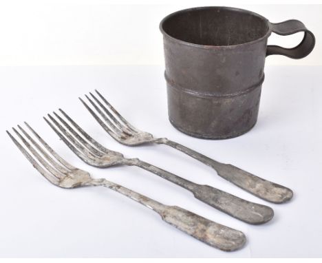 WW1 Canadian Cup and Australian Forks, WW1 Canadian army drinking cup, stamped on the base with 2 C and Broad Arrow together 