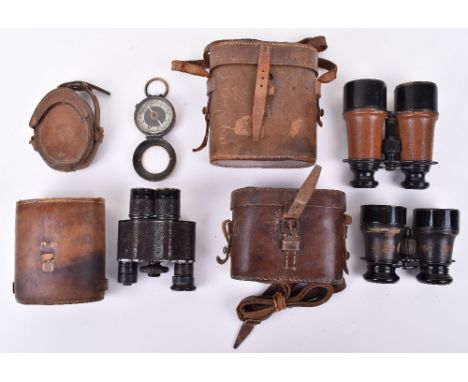 British Military Officers Compass and Binoculars, Officers brass compass in leather pouch and three military type binoculars 