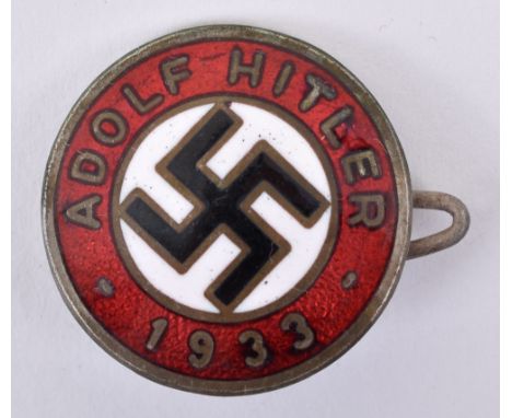 Third Reich Enamel Party Badge, having black enamel swastika on white with red surround having “ADOLF HITLER 1933”. The badge
