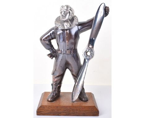 RAF Pilot Table Lighter, white metal figure of a RAF pilot in full flight gear holding aircraft propeller, head lifts up to r