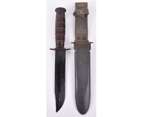 WW2 American USN MK2 Combat Knife, blued single edged clipped point blade, 17cms in length. Blade stamped “U.S.N MARK 2” and 