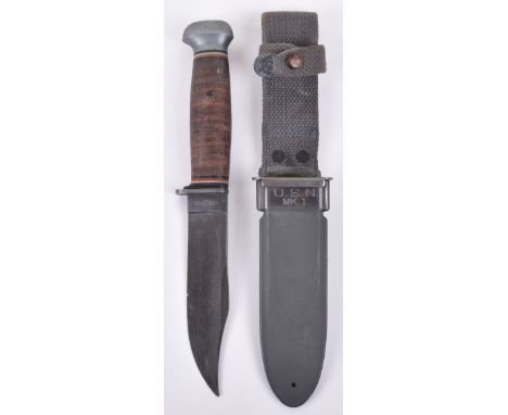 American US Navy MK1 Combat Knife, housed in its grey fibre scabbard with webbing frog attachment. Top scabbard mount with “U