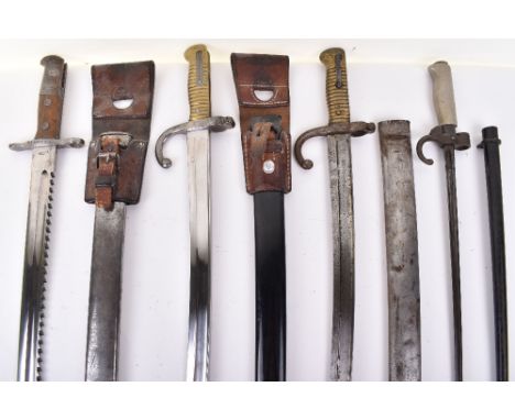 Swiss 1878 Saw Back and French Bayonets: Swiss 1878 saw back bayonet with makers to blade complete with scabbard and leather 