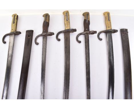 French Bayonets: Two 1866 Chassepot bayonets with makers to blade complete metal scabbards and one other with no scabbard, al