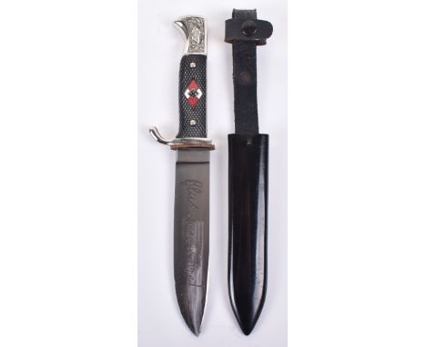 Third Reich Hitler Youth Boys Dagger, with two piece black chequered grips and enamel HJ diamond to the centre. Finely engrav