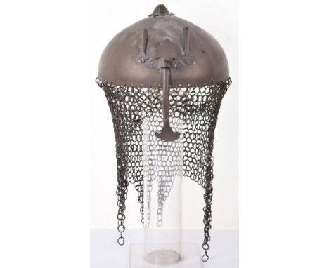 Khula Khud Helmet: Brass skull with brass sliding nasal bar, pair of  plume sockets, flower base to spike, spike missing, com