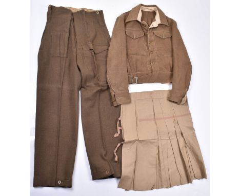 Selection of Military Uniforms, consisting of Battle Dress blouse with label size 10, battle dress trousers, highlanders dril