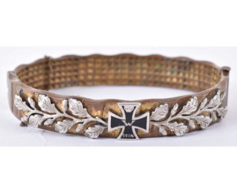 WW1 German Copper For Gold Woman’s Bracelet: Trench art made from shell copper driving band with gold plated finish, stamped 