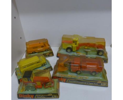 Two Dinky Ford transit vans 407 and 416, a Diesel Roller 279, a Ford D800 Snowplough and tipper truck 439 and a road grader 9