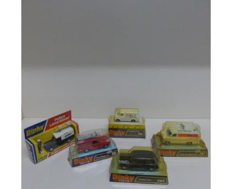 Dinky Toys five vehicles - Police Land Rover 277, Fire Chiefs Car 195, London Taxi 284, Police Accident Unit 287 and Bedford 