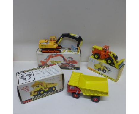 Three boxed Dinky Toys - Eaton Yale articulated tractor shovel 973, Aveling-Barford Centaur dump truck 924 and Atlas digger 9