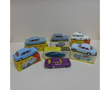 Six Dinky toys cars all boxed - Renault 6 1453, Opel Kapitan 177, Vauxhall Ambulance 278, Ford Escort 168, Ford Capri 165 and