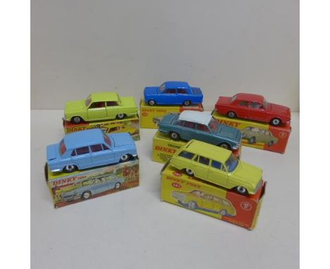 Six Dinky cars all boxed - Triumph 1300 162, Vauxhall Victor Estate 141, Triumph 2000 135, Ford Cortina 133, Vauxhall Viva 13