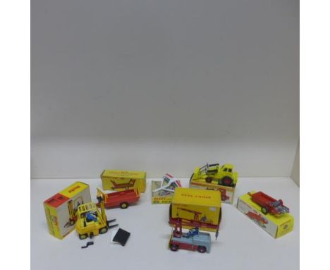Six boxed Dinky Toys - Conveyancer fork lift truck 404, Grue-Salev 50, Massey-Harris manure spreader 321, Muir Hill 2-wl load