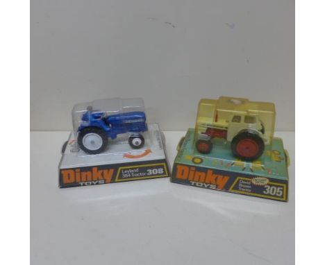 Dinky Toys - 2 boxed tractors Leyland 384 tractor 308 and David Brown tractor 305 generally good 