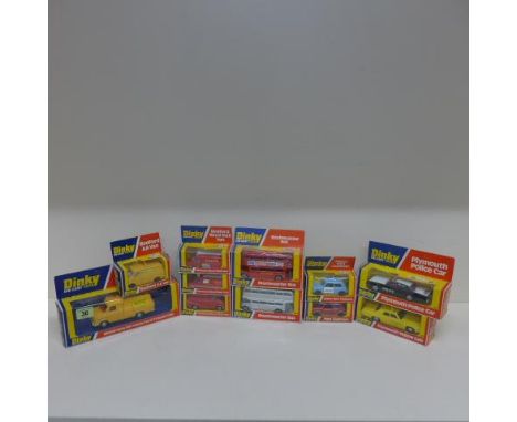 Dinky Toys - Three Bedford Mail vans 410, Bedford AA van 412, Transit van 417, 2 route master buses 289, 2 Mini Clubman's 255