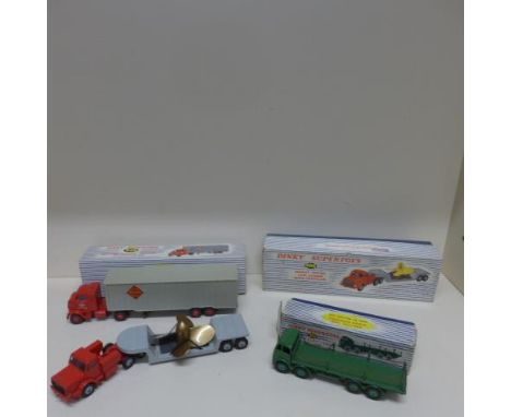 Three boxed Dinky Supertoys Mighty Antar low loader with propeller 986, Foden flat truck 905 and Tractor-Trailer Mclean 948 -