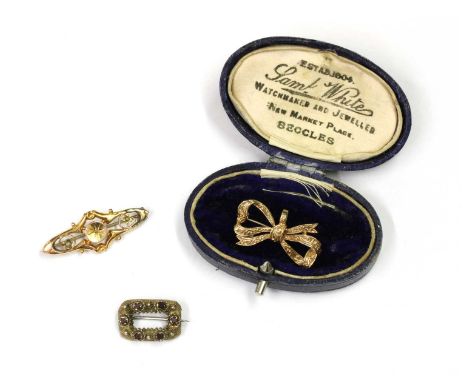 Three gold brooches, to include a hollow gold diamond and split pearl set brooch, with pin and 'C' catch, signs of previous s