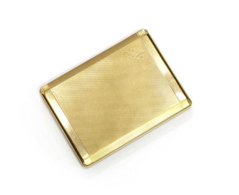 A 9ct gold cigarette case, with engine turned decoration and engraved initials, with presentation inscription to the interior